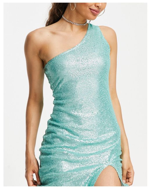 SIMMI Blue Simmi Petite Summer Sequin Embellished One Shoulder Midi Dress With Thigh Split