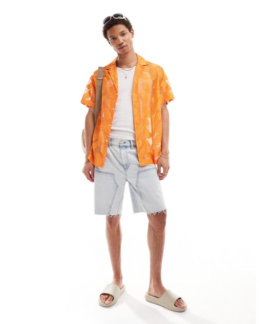 ASOS Orange Short Sleeve Deep Revere Collar Pineapple Lace Shirt for men
