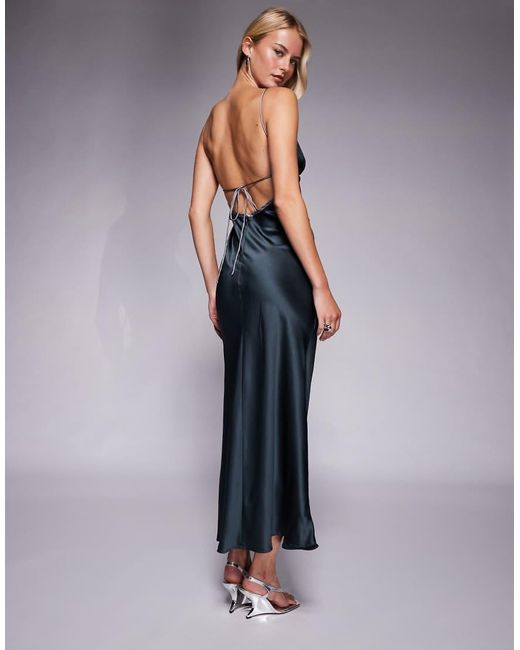 ASOS Blue Asos Design Tall Satin Bias Cut Cami Midi Dress With Contrast Tie Detail