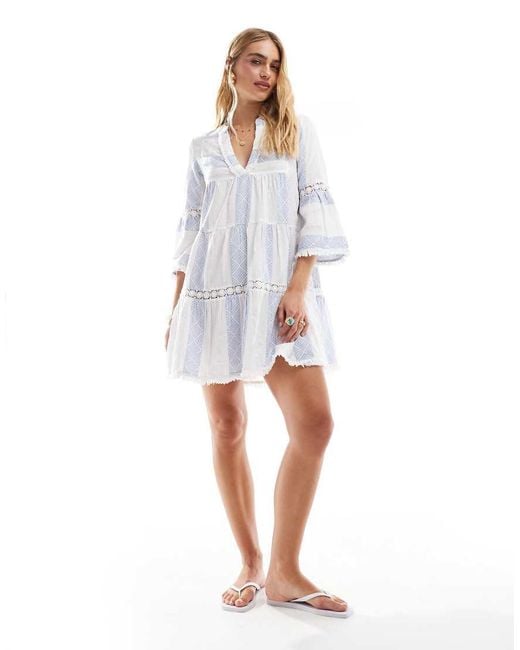 Vestido Playero Corto Blanco Y Azul A Rayas De Accessorize de color White