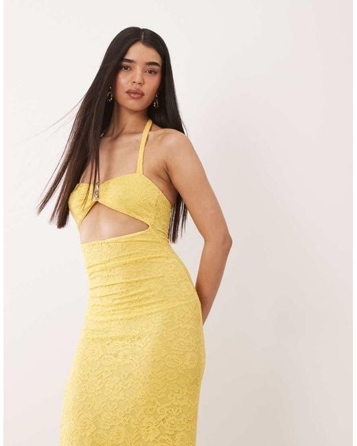 Murci Yellow Lace Halterneck Metal Hardware Cutout Detail Maxi Dress