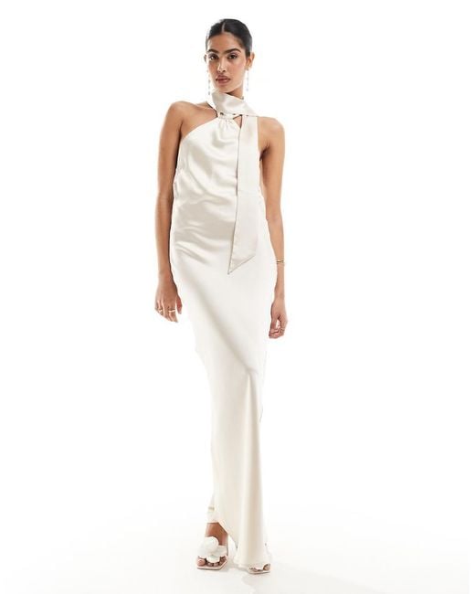 Pretty Lavish White Hen Backless Satin Scarf Maxi Dress