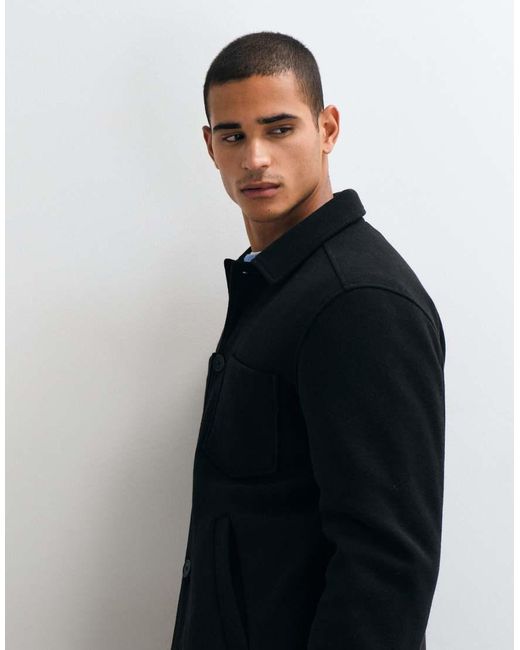 Threadbare Blue Faux Wool Collared Jacket With Patch Pockets for men