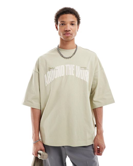 Dr. Denim Natural Curtis Oversized Fit Around The World Embossed T-shirt for men