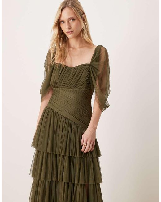 LACE & BEADS Green Asymmetric Ruffle Tulle Maxi Dress