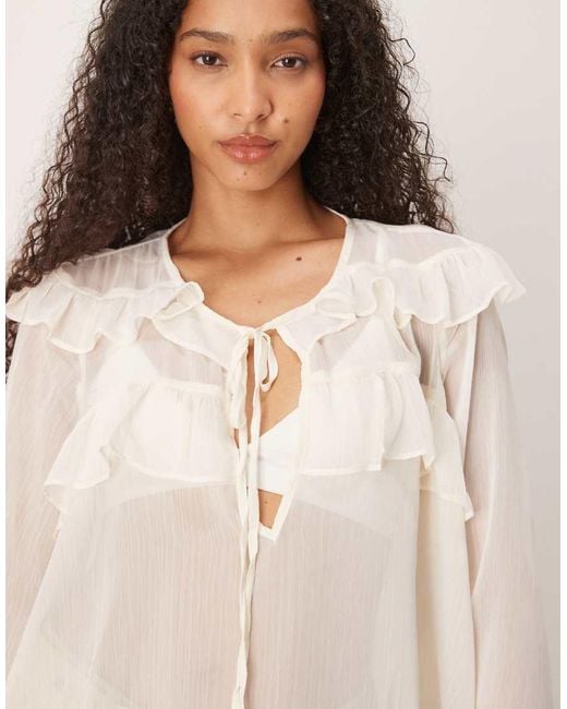 Glamorous Natural Tie Front Keyhole Detail Ruffle Blouse