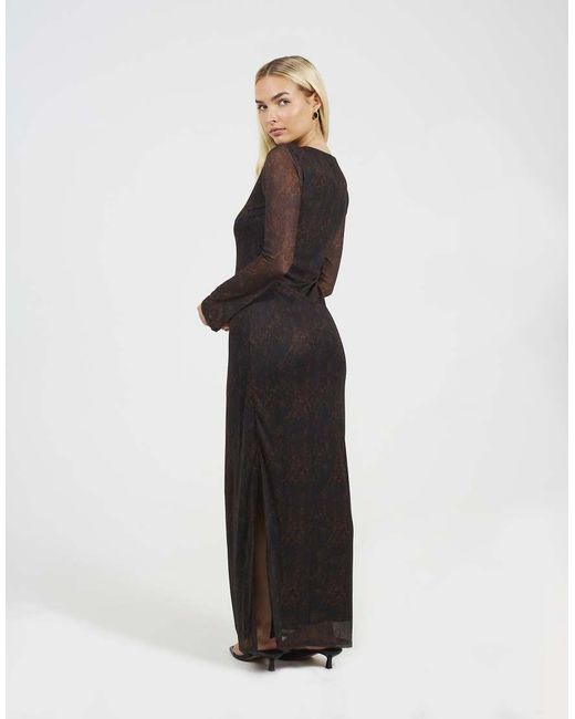 Brave Soul Brown Snake Print Long Sleeve Mesh Maxi Dress