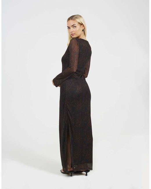 Brave Soul Brown Snake Print Long Sleeve Mesh Maxi Dress