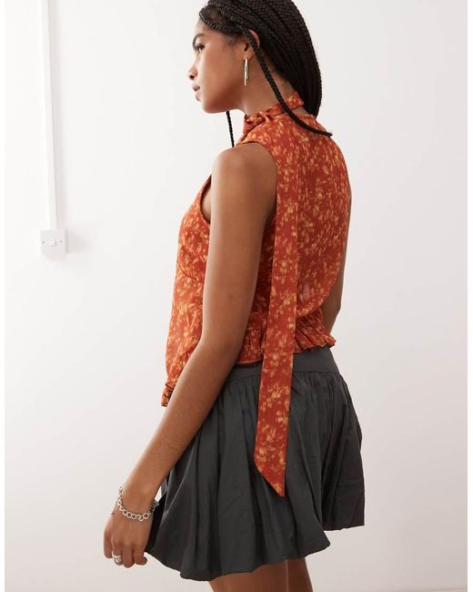 Reclaimed Vintage Brown Chiffon Floral Print Ruffle Tie Front Blouse With Matching Scarf