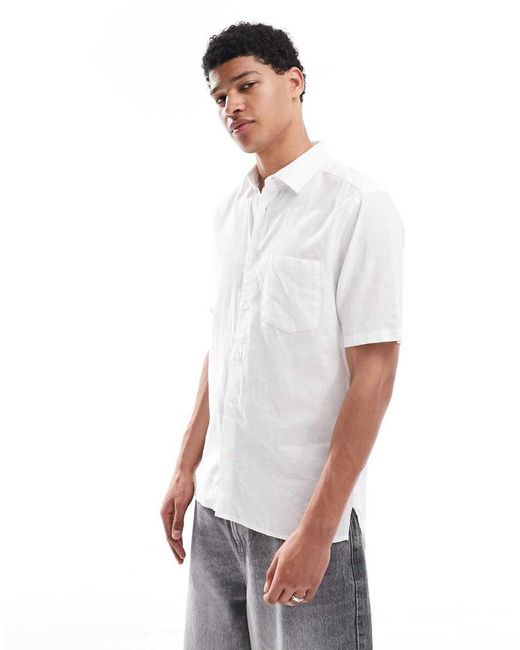 Only & Sons White Short Sleeve Regular Fit Linen Mix Shirt for men