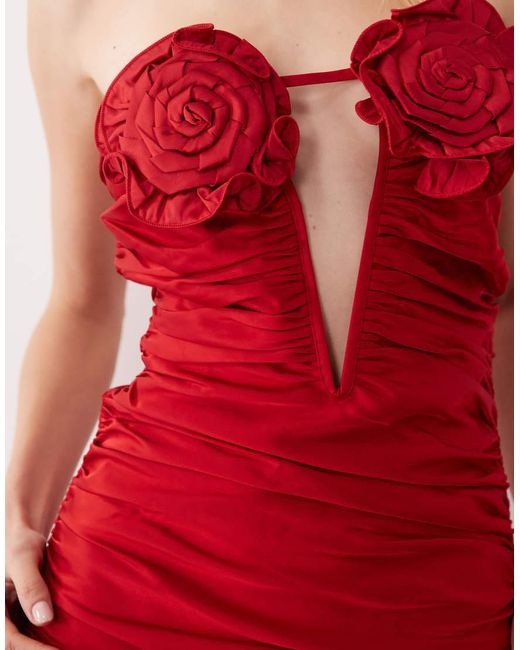 JW PEI Red Bandeau Corsage Applique Bust Detail Plunge Cut Out Ruched Mini Dress