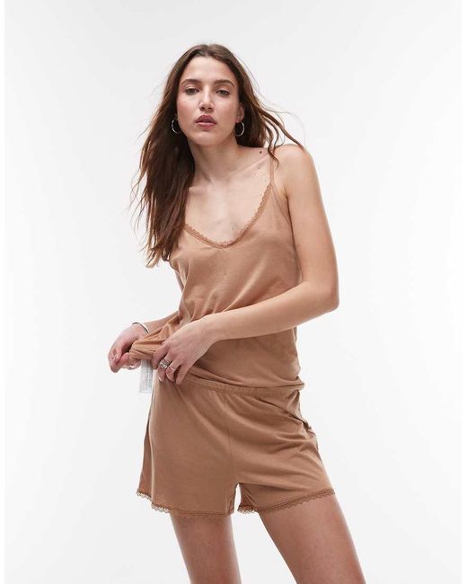 Top De Pijama De Tirantes De Modal De Tacto Suave Con Ribete De Satén De (Parte De Un Conjunto)-Marrón Mango de color Brown