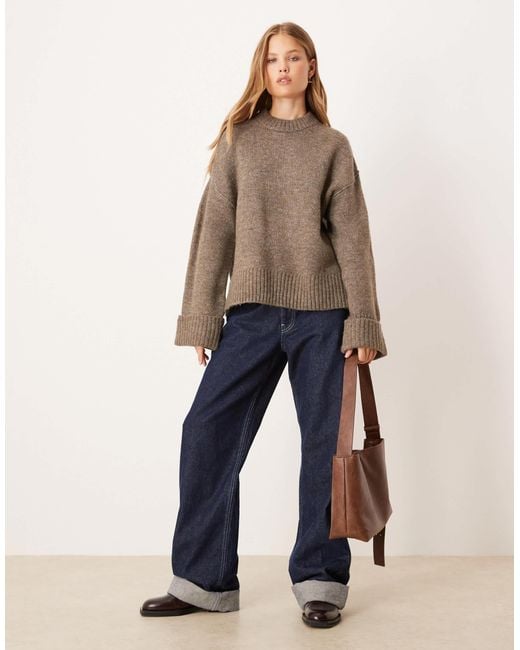 Gina Tricot Natural Relaxed Crew Neck Folded Sleeve Knit Sweater