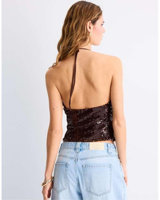Stradivarius Brown Sequin Halter Top