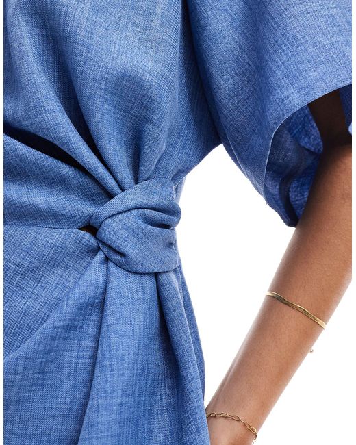 ASOS Blue Angel Sleeve Drape Waist Tab Detail Mini Dress