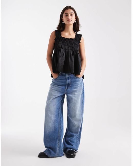 Collusion Black Satin Shirred Smock Top