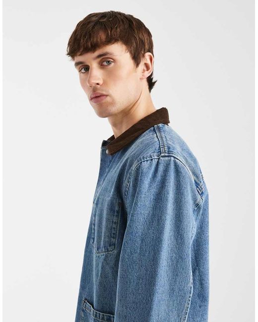 Redefined Rebel Blue Wallace Denim Utility Style Jacket With Contrast Collar for men