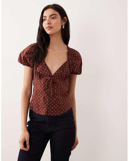 Free People Brown Polka Dot Printed Blouse