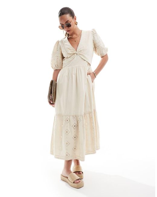 French Connection Natural Cambria Cotton Broderie Midi Dress