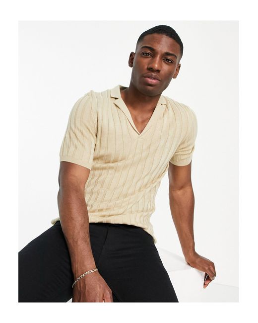ASOS Natural Knitted Ribbed Revere Polo T-shirt Oatmeal for men