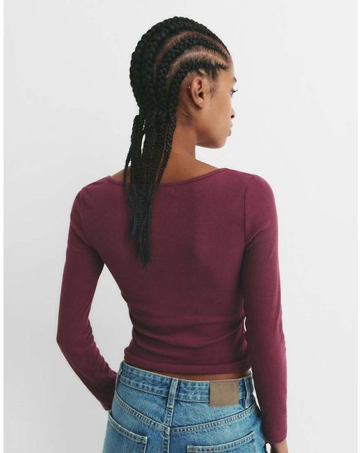 Pull&Bear Red Ribbed Long Sleeve T-Shirt