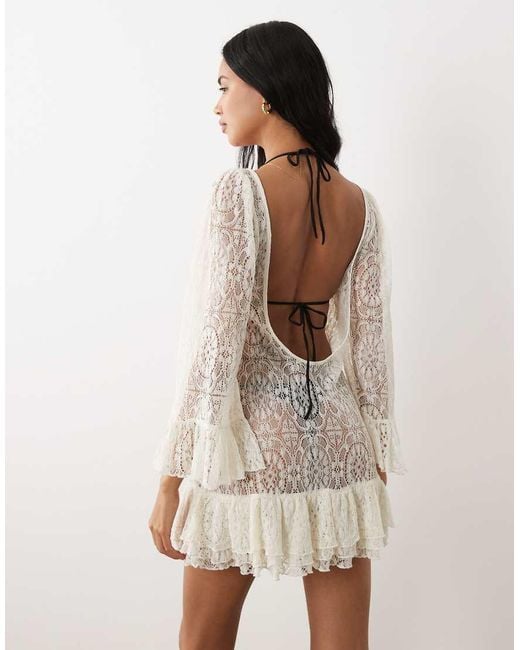 Miss Selfridge Natural Beach Lace Puff Sleeve Ruffle Mini Dress Cover Up