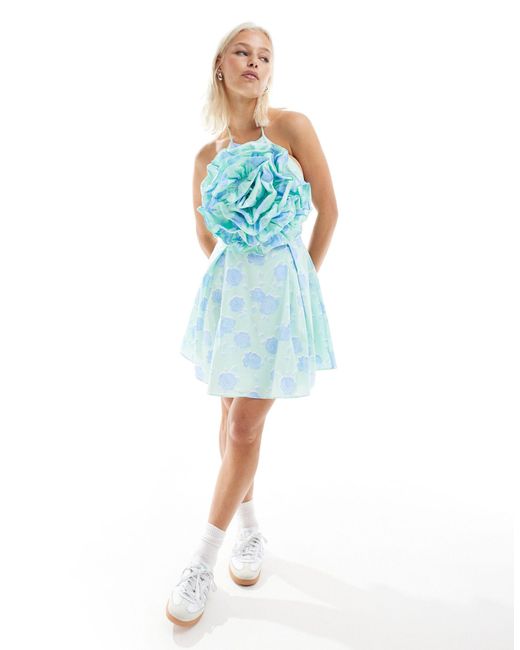 Glamorous Blue Halter Neck Mini Dress With Oversized Flower Front