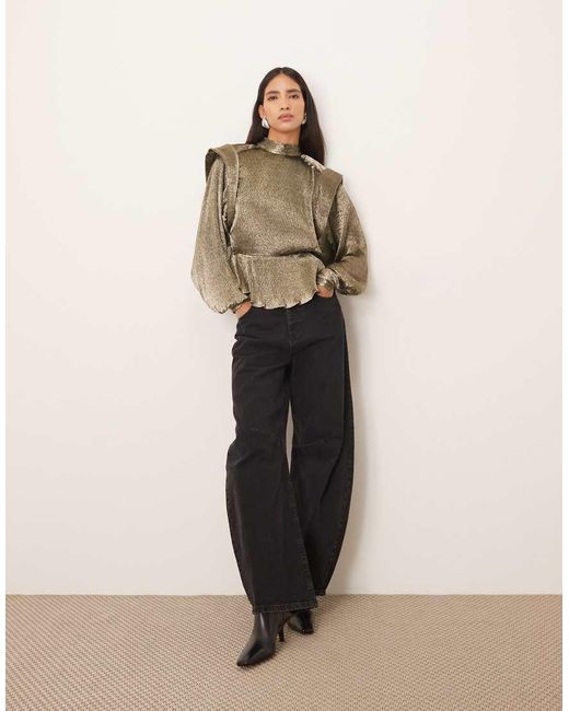 ARRANGE Brown Metallic Pleat Shoulder Pad Blouse