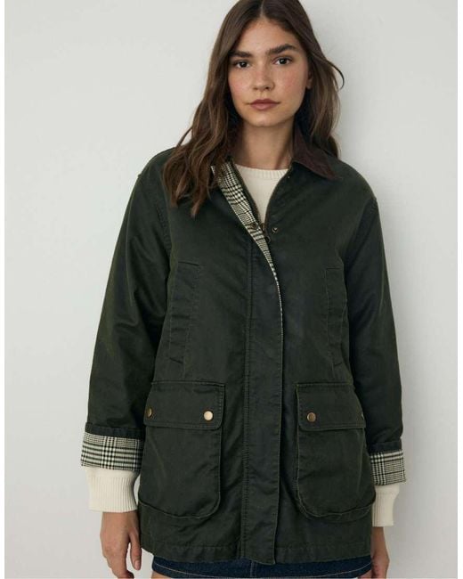 Stradivarius Green Waxed Parka With Multiple Pockets