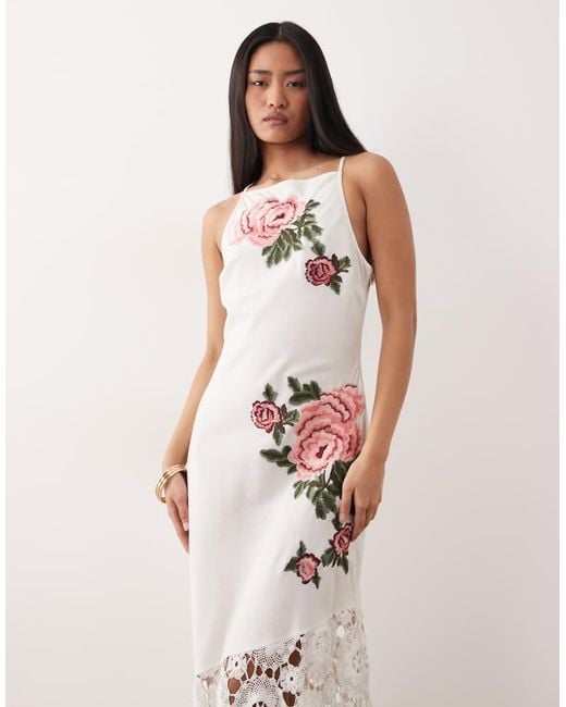 ASOS Pink Racer Neck Embroidered Detail Crochet Hem Maxi Dress