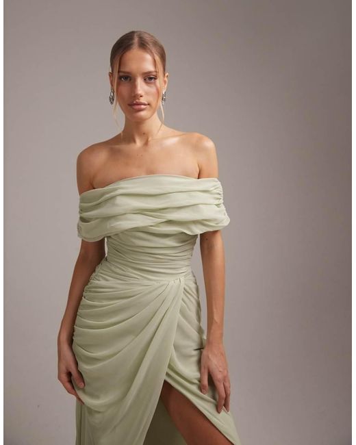 ASOS Brown Bridesmaids Bardot Chiffon Draped Maxi Dress With Fixed Wrap Skirt