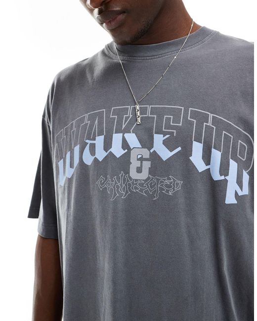 T-shirt antracite con stampa "wake up" di Bershka in Blue da Uomo