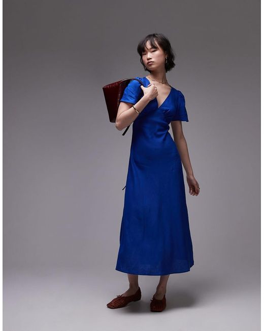 Mango Blue Linen Short Sleeve Midi Dress