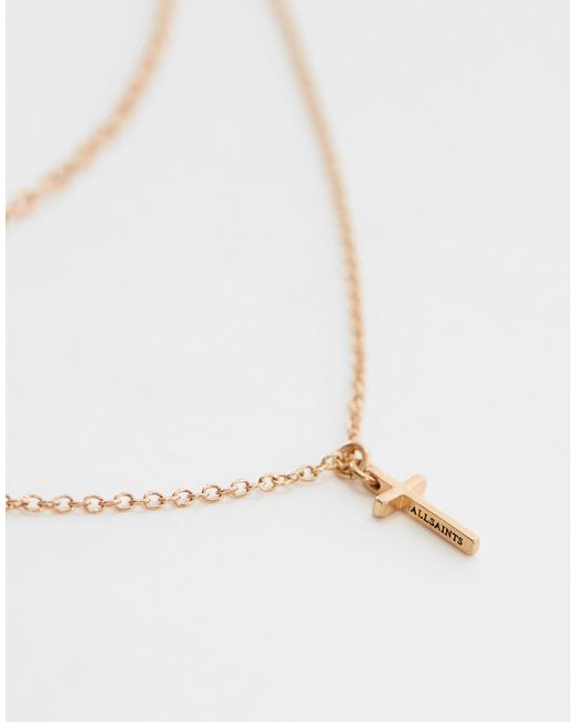 AllSaints Brown Cross Double Chain Necklace