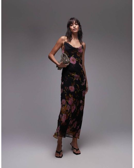 Sottoveste Midi Con Scollo Ad Anello Attorcigliato Sul Retro Rosa E Lime A Fiori di TOPSHOP in Gray