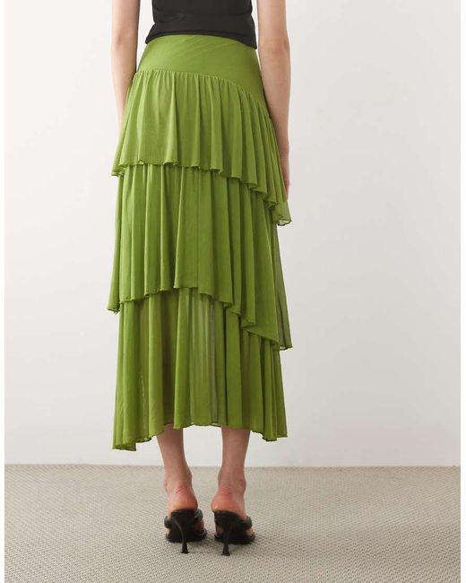ASOS Green Mesh Asymmetric Tiered Midaxi Skirt