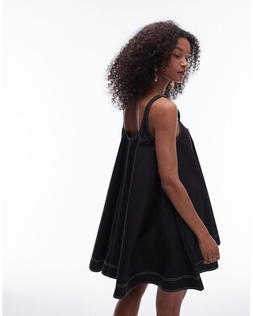 TOPSHOP Black Poplin Trapeze Mini Dress With Topstitch Detail