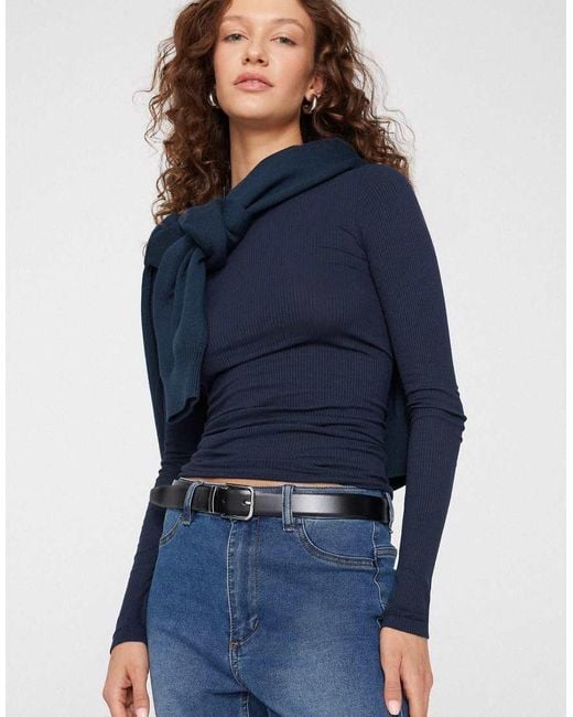 Tezenis Blue Long Sleeve Round Neck Ribbed Top