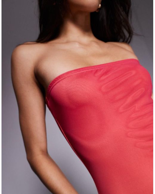 Vestido Largo Rosa Y Naranja Degradado Ceñido Con Escote Palabra De Honor De Malla Doble Exclusivo De Kaiia de color Red