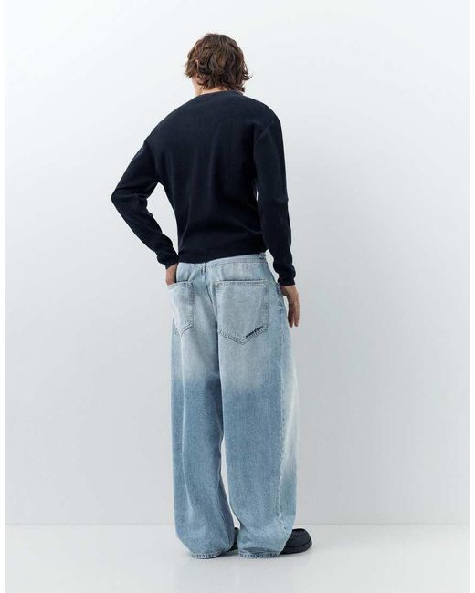 Pull&Bear Blue Embroidered Super Baggy Jeans for men