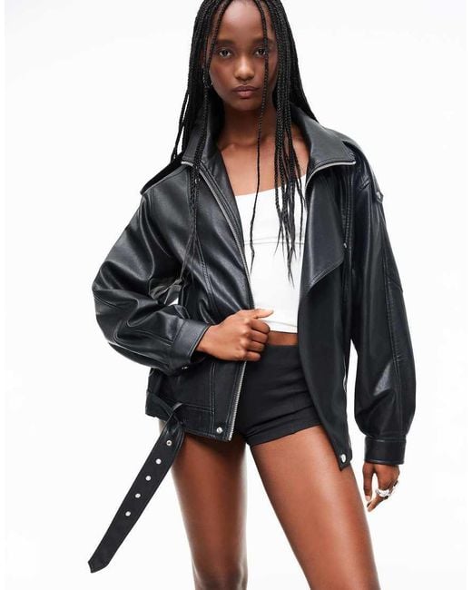 Bershka Blue Belted Faux Leather Jacket