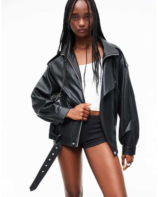 Bershka Blue Belted Faux Leather Jacket
