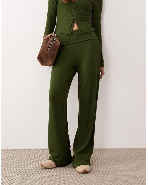 ASOS Green Co-ord Rib Fold Over Waist Trouser With Ruched Detail