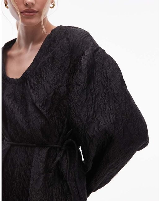 & Other Stories Black Structured Jacquard Quality Mini Dress With Pleated Detail Sleeves
