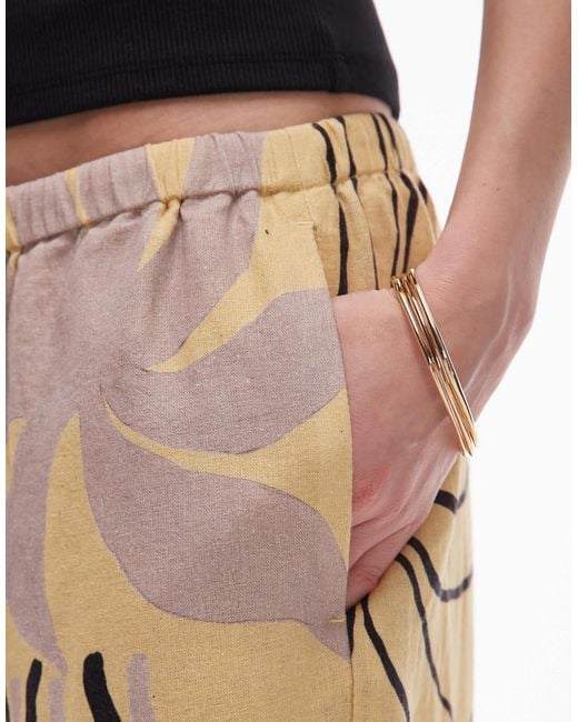 TOPSHOP White Linen Straight Leg Buttermilk Abstract Print Trouser