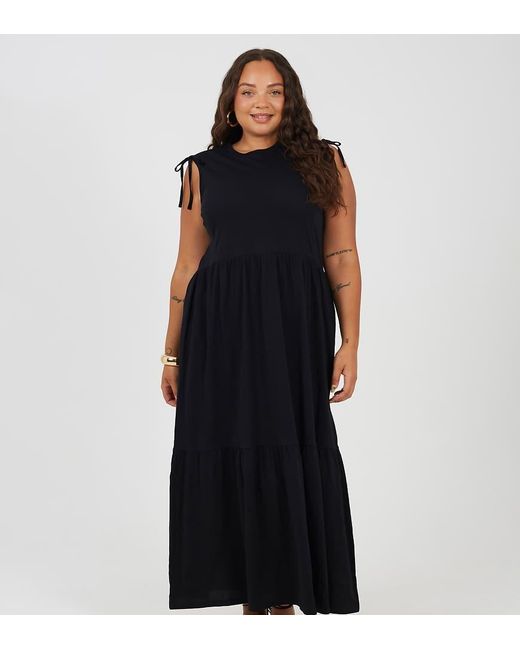 Brave Soul Blue Curve Cotton Ruched Shoulder Tiered Maxi Dress