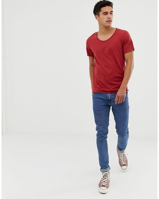 SELECTED Red Scoop Neck Rolled Hem T-shirt for men