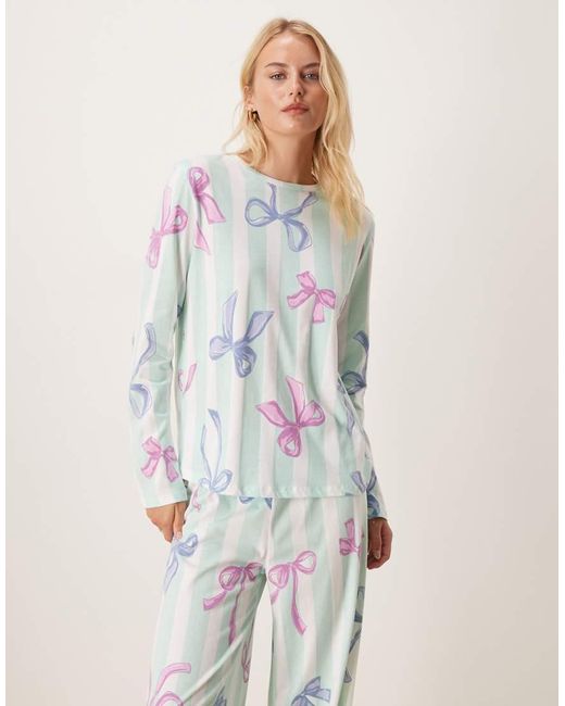 ASOS Blue Asos Design Tall Christmas Bow Long Sleeve Top & Trouser Pyjama Set