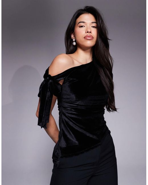 712 Asos ASOS Velvet Asymmetric One Shoulder Tie Top in Black | Lyst