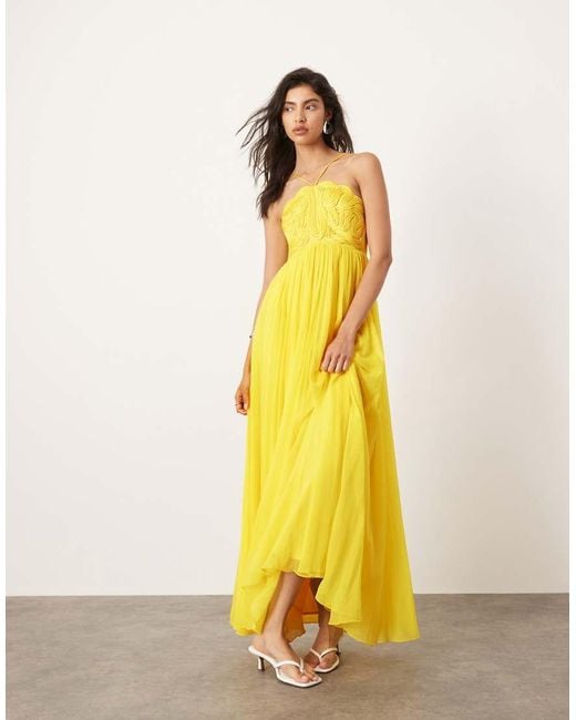 ASOS Yellow Embroidered Satin Cornelli Maxi Dress With Chiffon Skirt